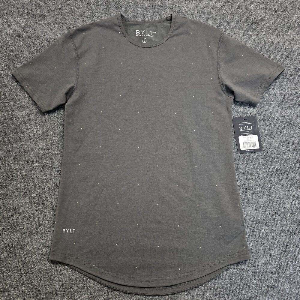 BYLT Shirt Mens Sz S Ash Gray Crewneck Drop Cut Lux Polka Dot Stretch Tee NWT